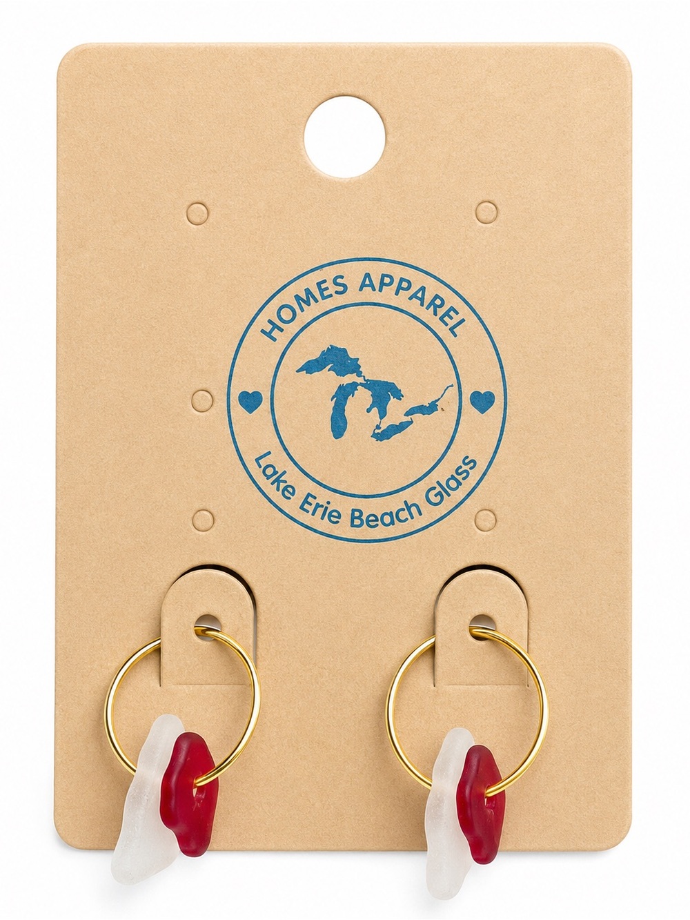 Gold Hoop Earrings with Red and White Beach Glass Charms